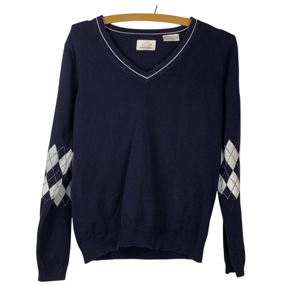 EP Pro Navy Argyle V Neck Cotton Sweater Womens M Golf Preppy Old Money